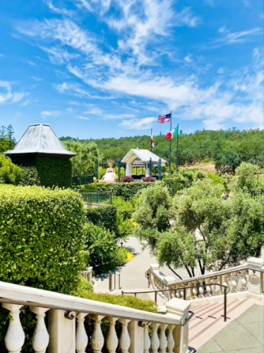 View of the grand staircase to the lush courtyard in Francis Ford Coppola Winery