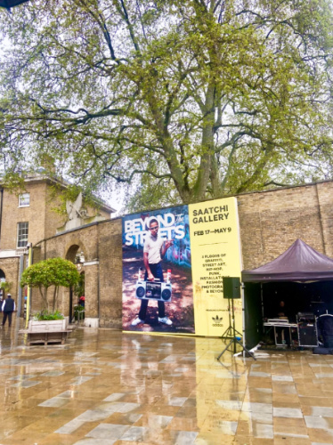 View of the sound system under the tent near the entrance to Saatchi Gallery