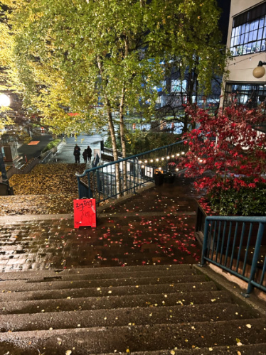 View of the stairs to the entrance to Zig Zag Cafe at night
