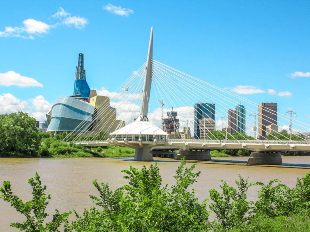 View of the Esplanade Riel Footbridge from Central St. Boniface