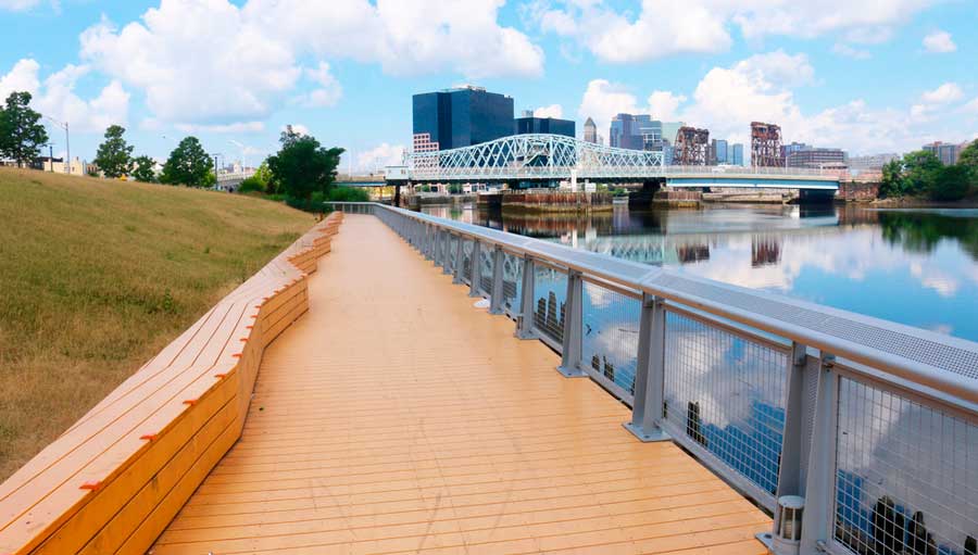View of a boardwalk in Essex County Riverfront Park
