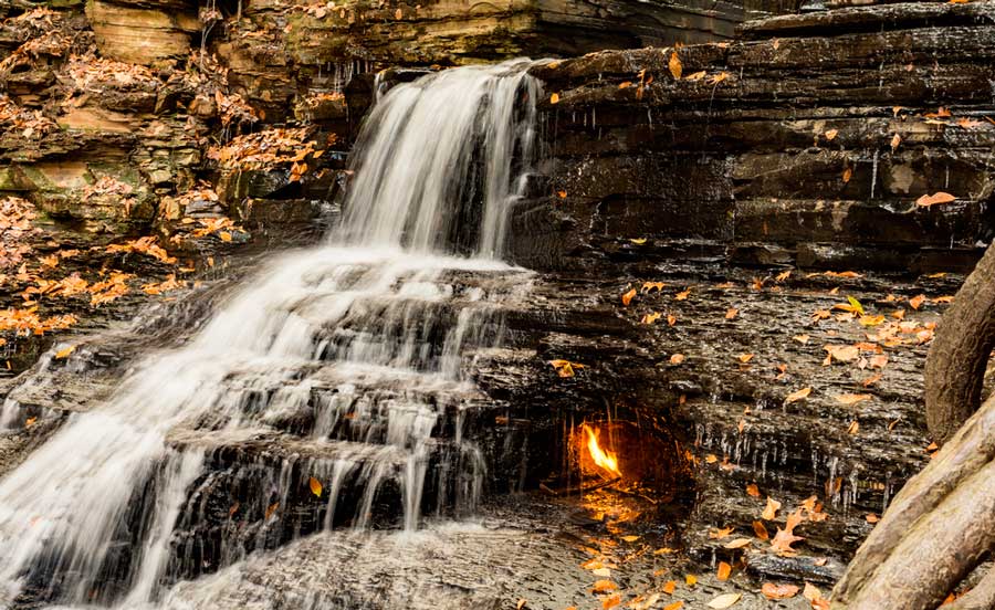 Water flowing through the rocks in Eternal Flame Falls