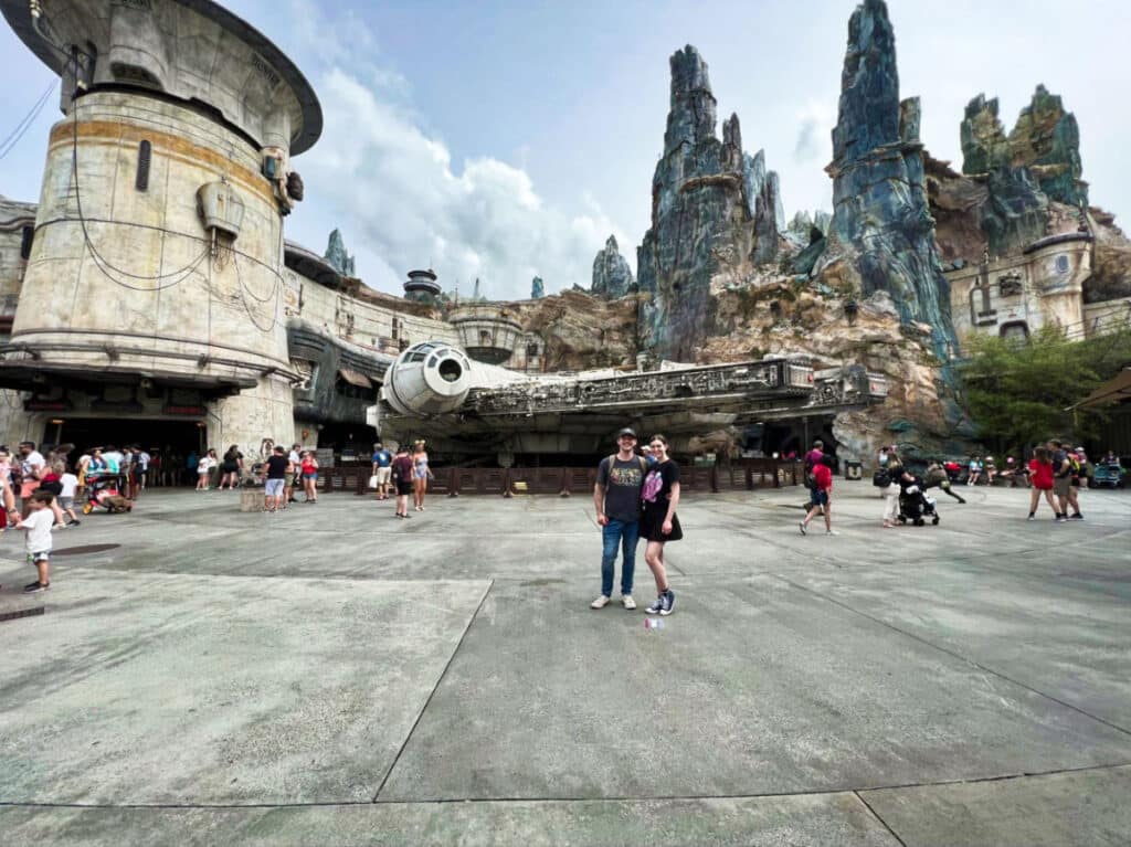 The author Ethan James Thoren and his fiancée at Disney’s Galaxy’s Edge