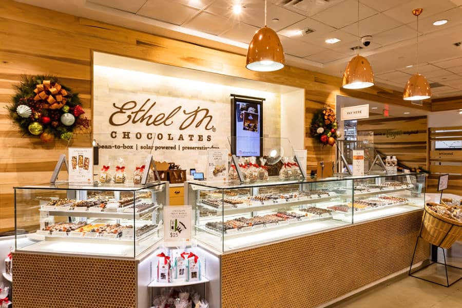 Luxurious interior view of the Ethel M. Chocolate Factory with displayed different cholates