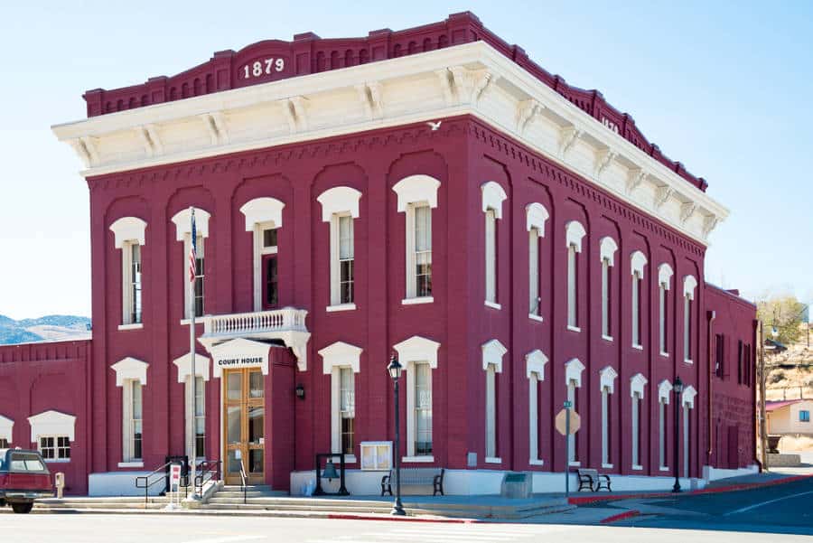 View of the red historic Eureka County Courthouse