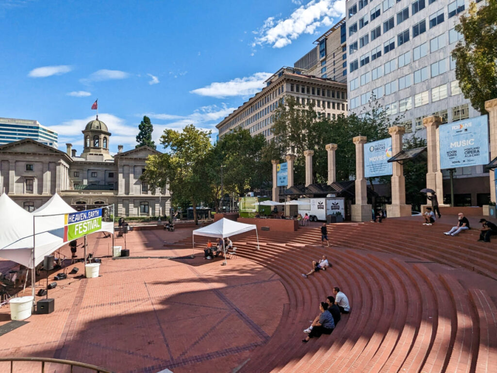 View of the event tents at the Pioneer Courthouse Square