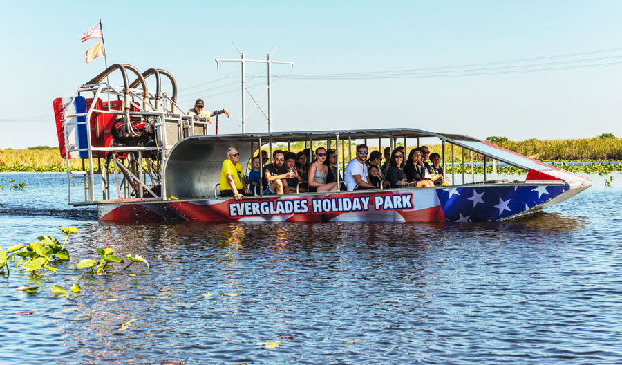 Group of tourists riding an airboat in Everglades National Park