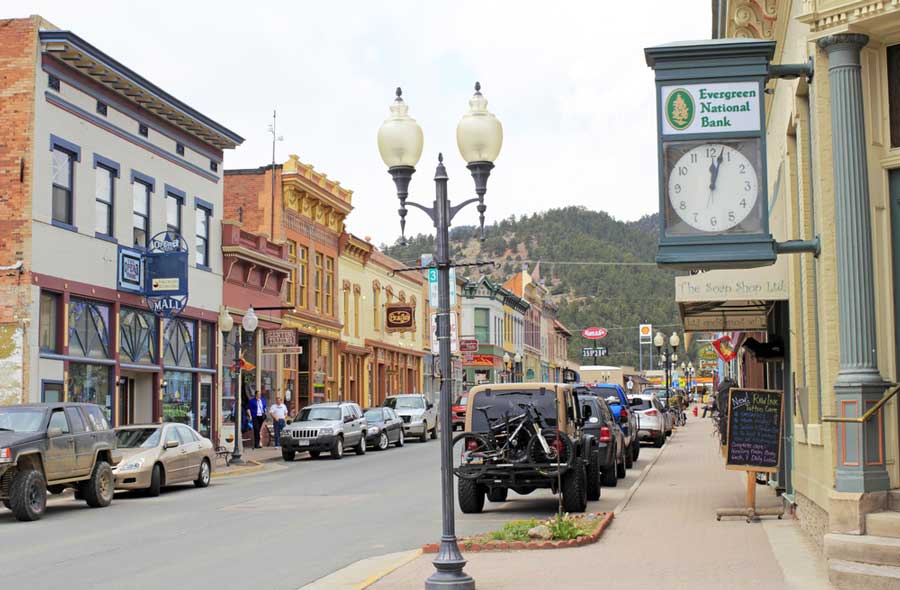 The Evergreen National Bank signage along the street in Idaho Springs