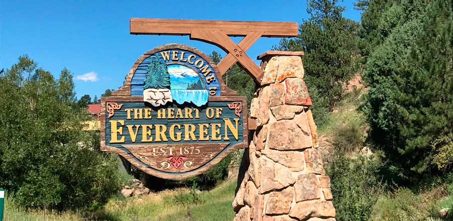 View of the welcome sign in Evergreen