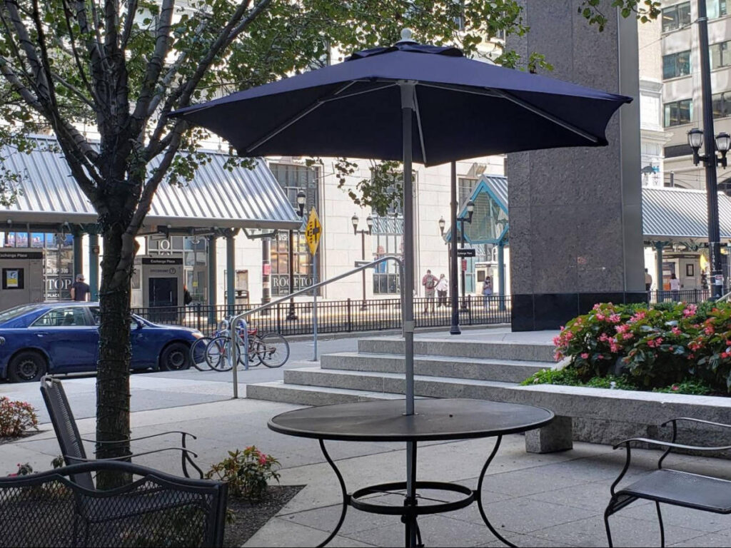 A table and chairs at the Exchange Place area