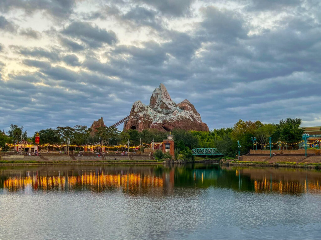 Serene view of Expedition Everest seen from Flame Tree Barbecue
