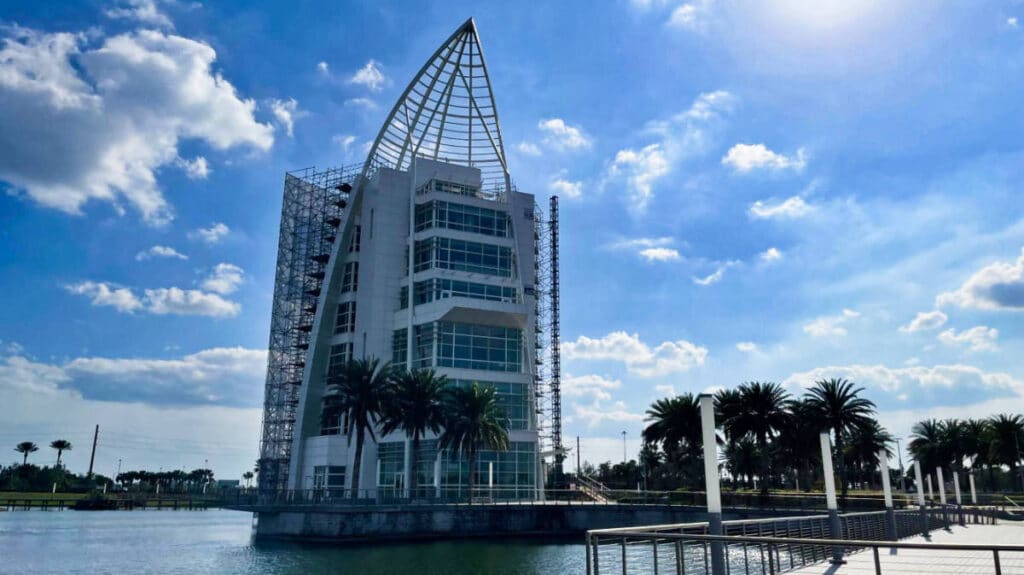 The Exploration Tower at Port Canaveral on a sunny day