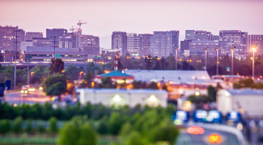 Early morning view of downtown San Jose with city lights from a distance