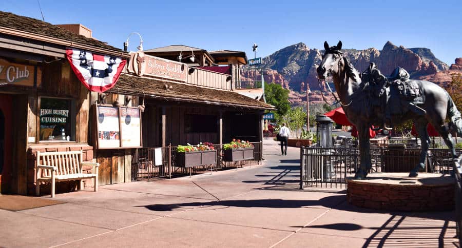 A black horse sculpture near the shops in downtown Sedona