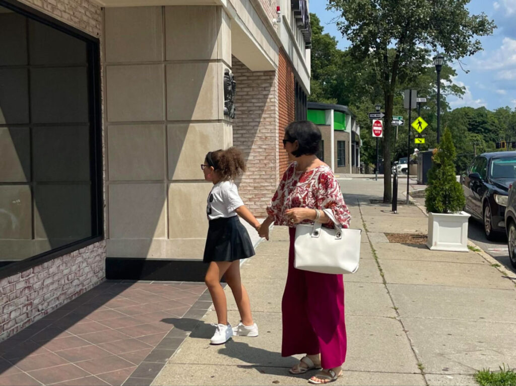 Author's mother and daughter exploring Newton Centre