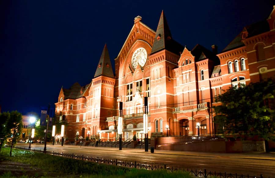 Exterior view of the Cincinnati Music Hall spot lighted during the opening night of the spring season