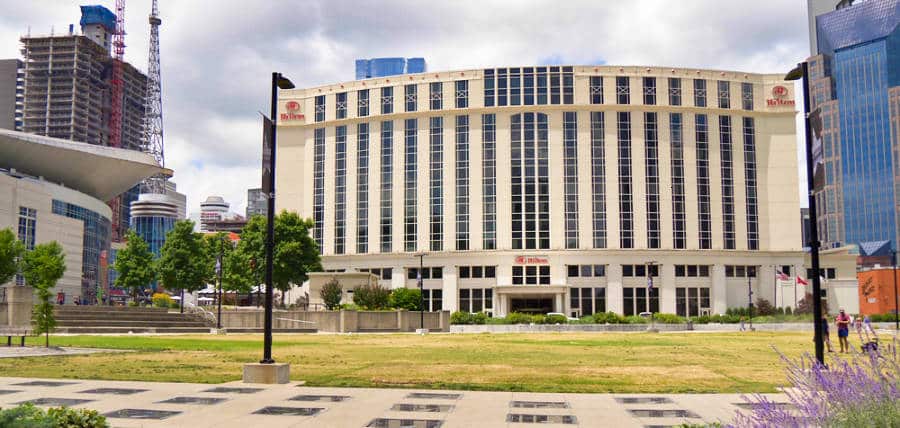 Exterior view of the Hilton Nashville Downtown Hotel from a distance