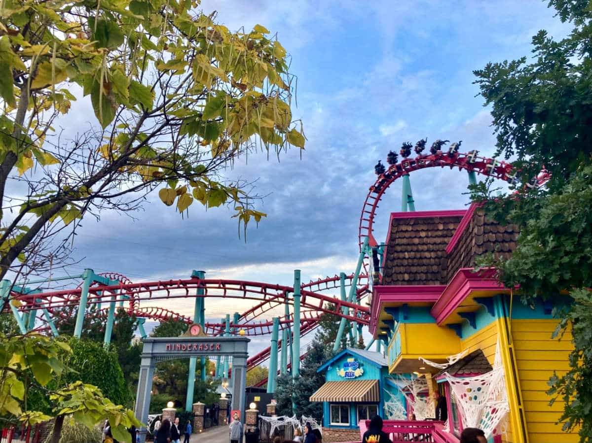 View of the extreme rides from a distance in Elitch Gardens