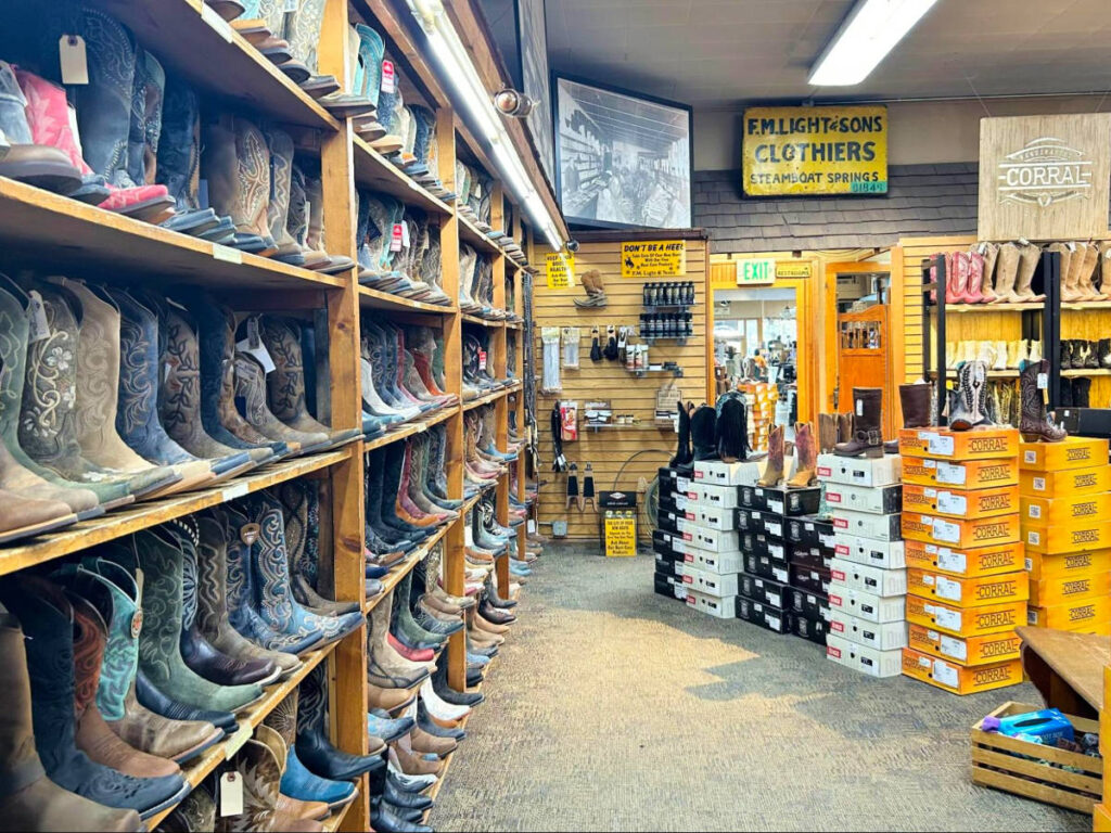 The cowboy boots on the shelves inside F M Light & Sons