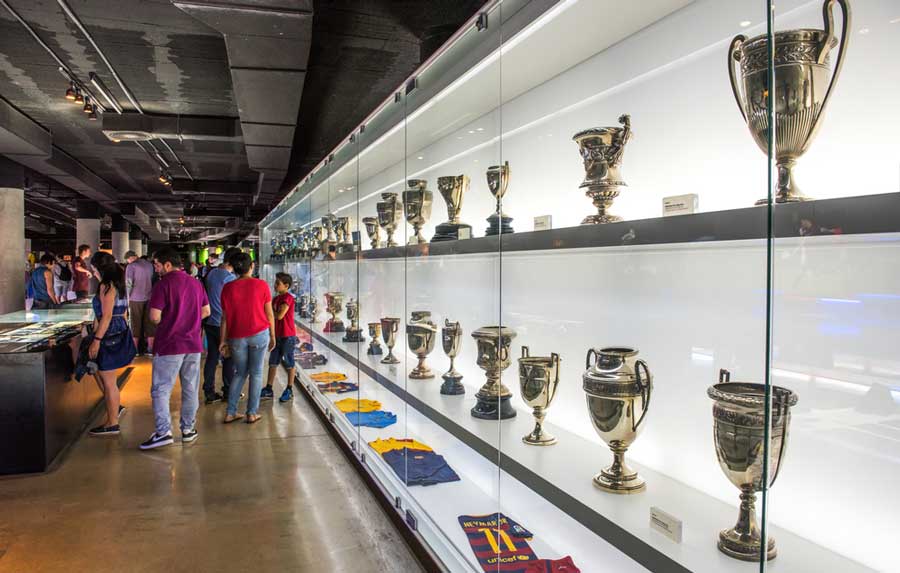Awards and trophies displayed inside the FC Barcelona Museum