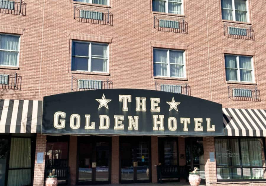 View of the brick exterior of the historic Golden Hotel