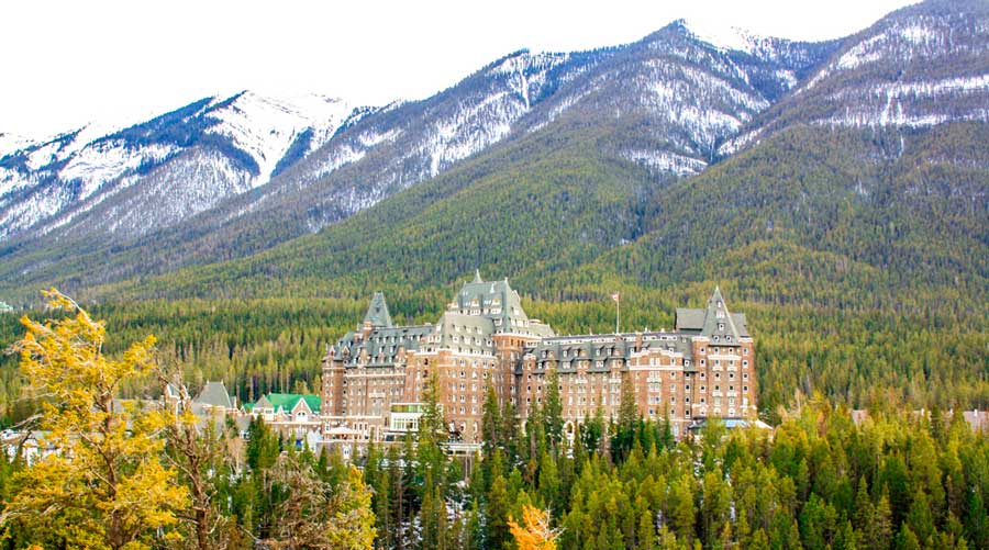 The Fairmont Banff Springs building from afar