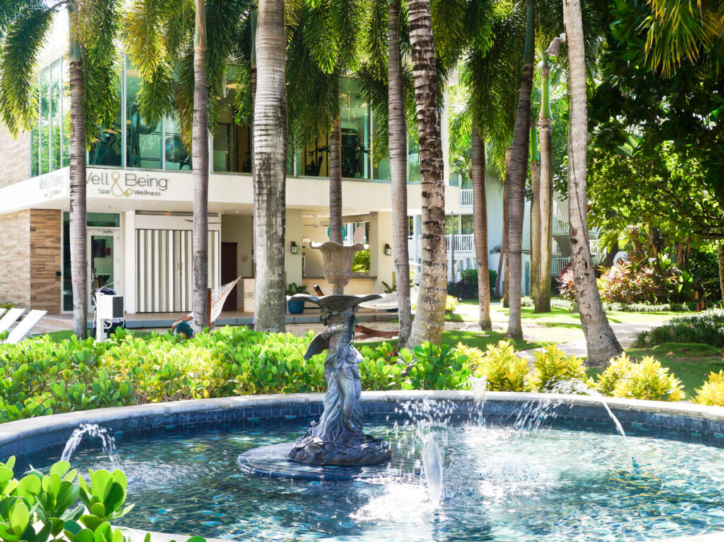 A fountain surrounded by greenery at the Fairmont El San Juan Hotel