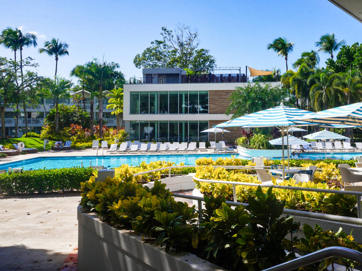 View of the lounge chairs and pool area of Fairmont El San Juan Hotel