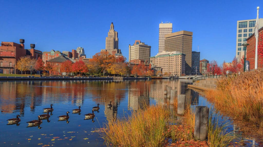 View of ducks on a lake in Providence, Rhode Island during fall season