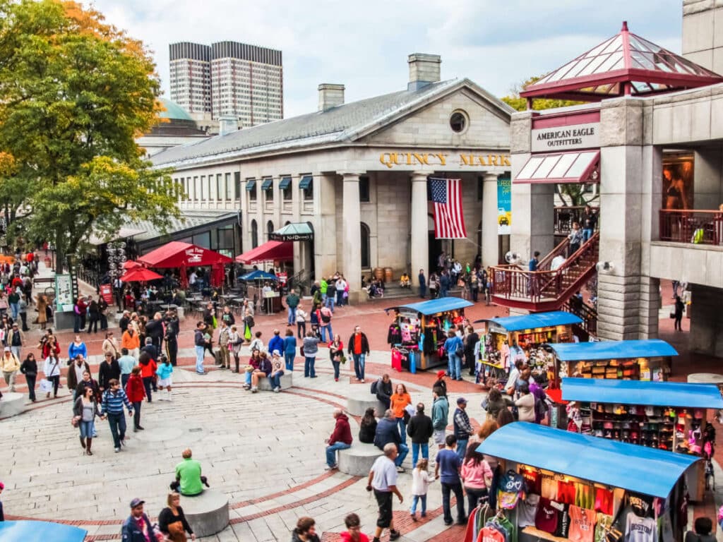 Overlooking view of the crowd at the Faneuil Hall Marketplace area in downtown Boston