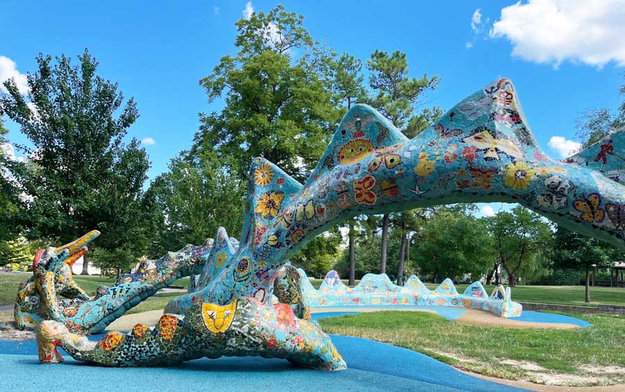 View of a dragon mosaic at the Fannie Mae Dees Park
