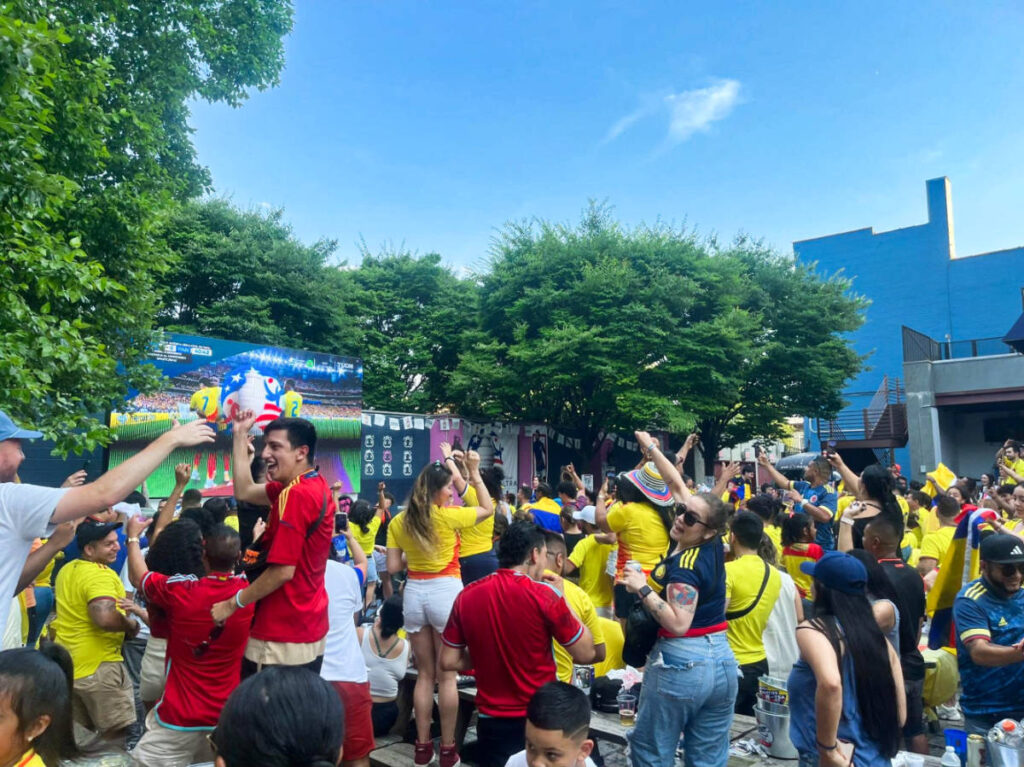 The fans cheering while watching the game outside