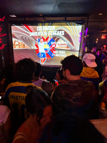 People watching the game in front of the huge screen inside a bar