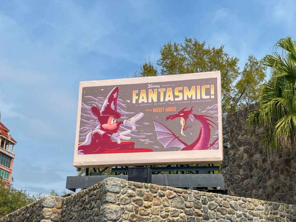 Disneys Fantasmic Show Signage featuring Mickey Mouse and the dragon