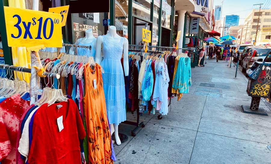 Clothes displayed in Fashion District