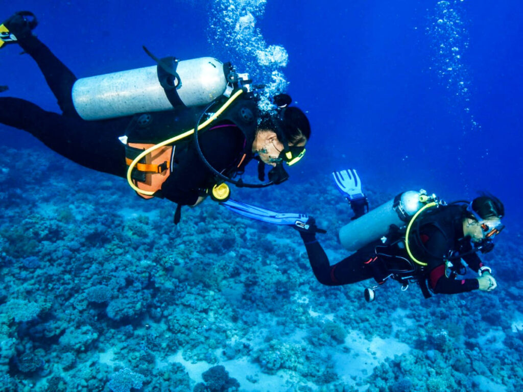 Two female scuba divers under the water