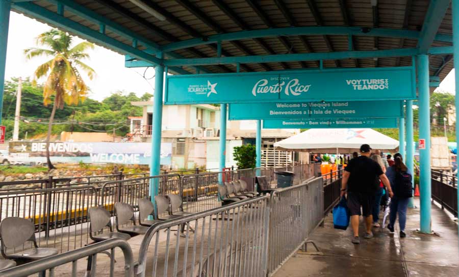View of people walking in the ferry terminal in Vieques