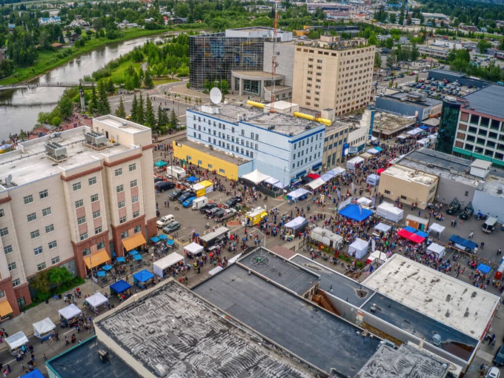 Aerial view at Downtown Fairbanks during the Midnight Sun Festival