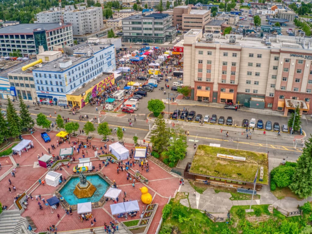 Aerial view of people during the Midnight Sun Festival at Downtown Fairbanks