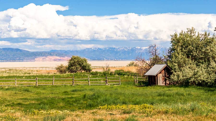 View of a shed at the wide Fielding Garr Ranch in Antelope Island State Park