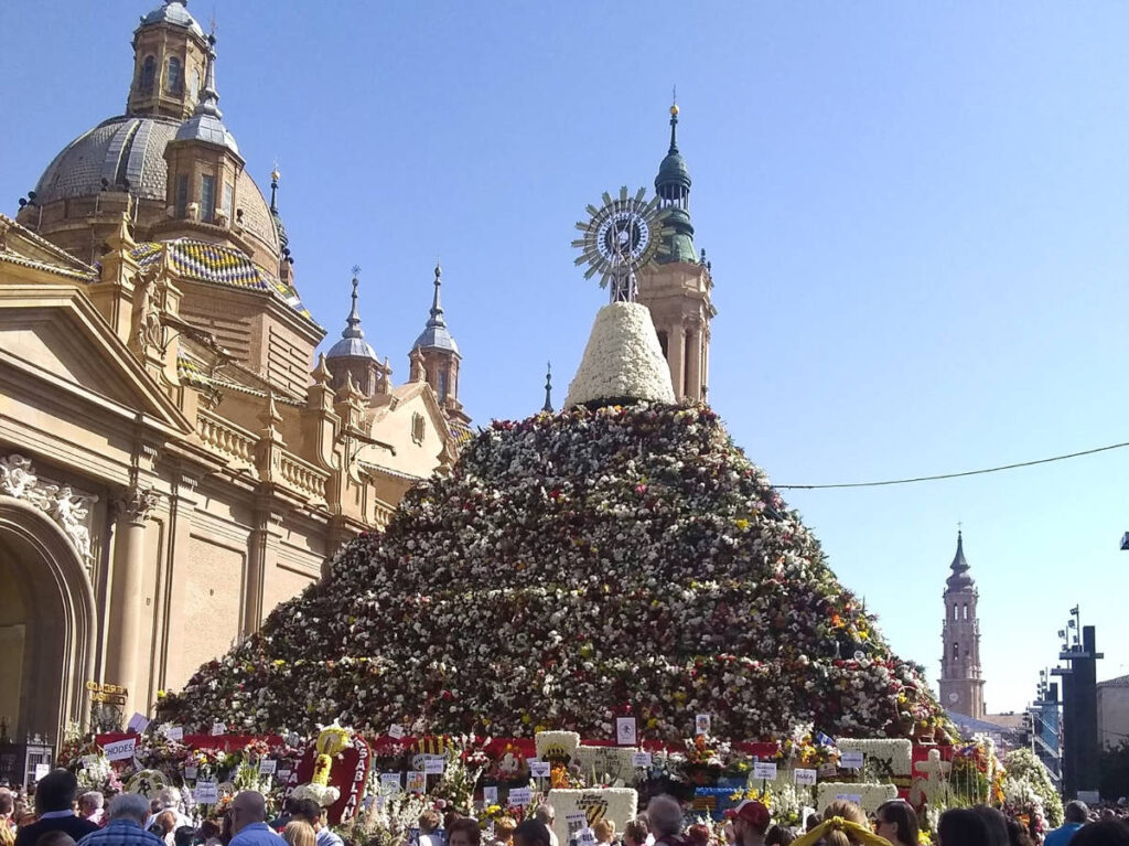 The magnificent flower “ofrenda” display at the Fiestas del Pilar