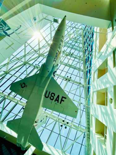 A fighter plane displayed inside California Science Center
