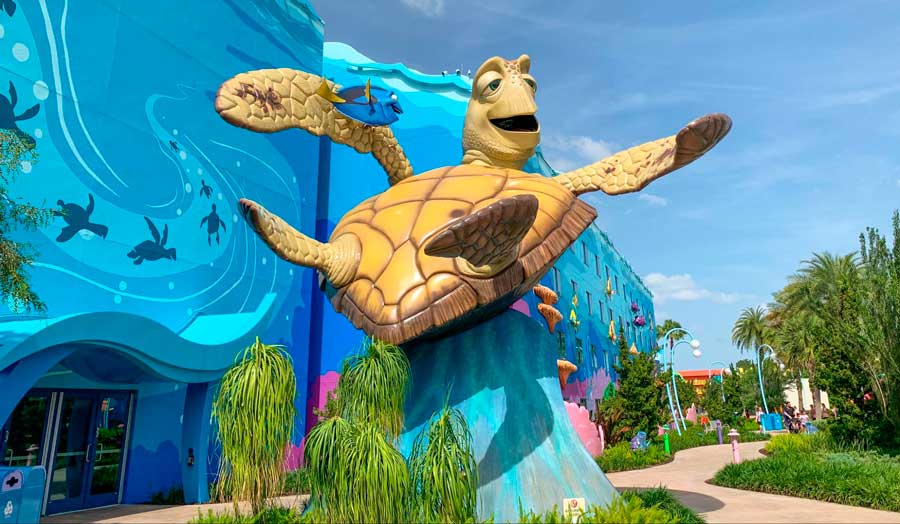 A big turtle statue in a Finding Nemo themed buildings