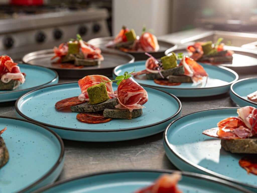 View of dishes on plates on a fine dining restaurant in Madrid