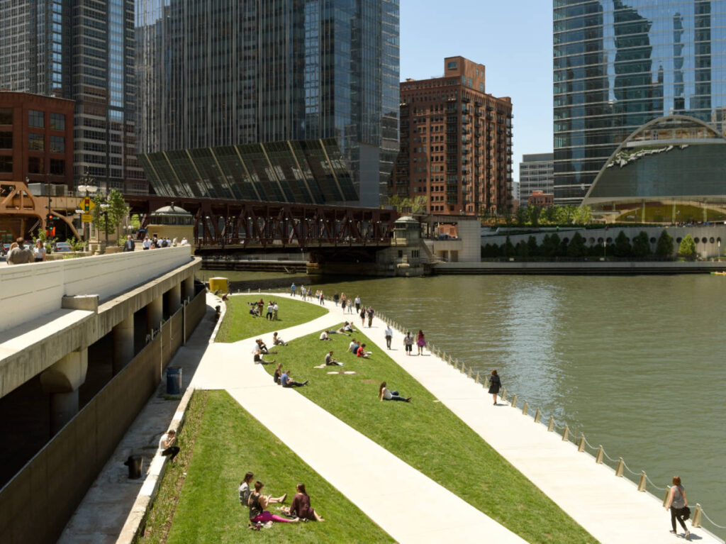 View of people at the Chicago Riverwalk