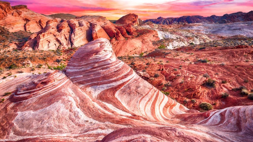 View of the gorgeous color and pattern of the Fire Wave rock in Valley of Fire State Park