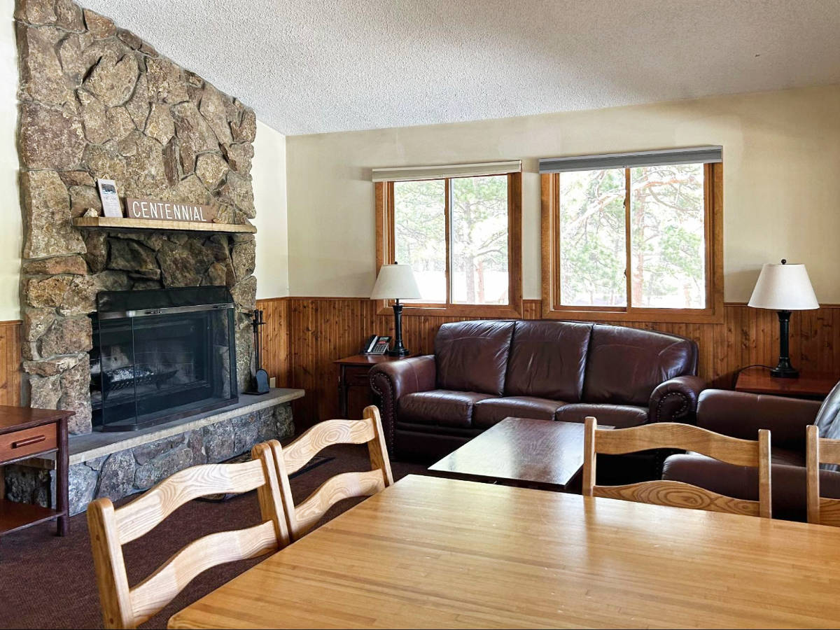 View of a fireplace on a cabin in YMCA of the Rockies