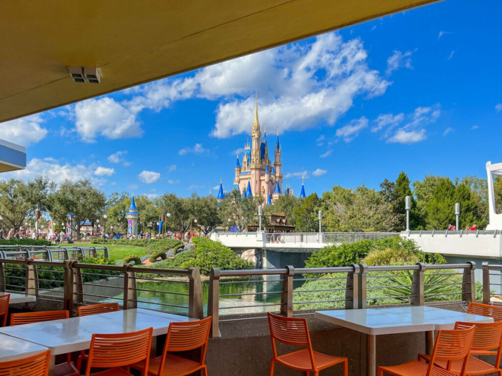 A view of the castle at Magic Kingdom seen from Tomorrowland Terrace