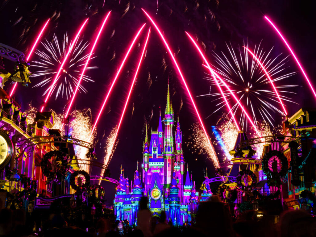 View of the fireworks over the castle at the Magic Kingdom