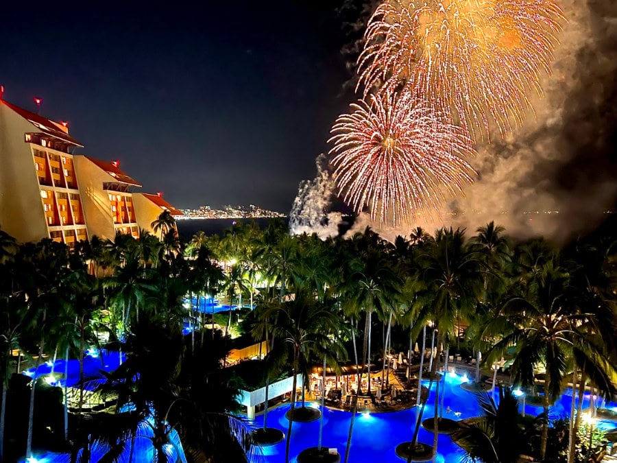 View of the colorful fireworks on the night sky in The Westin Resort Puerto Vallarta